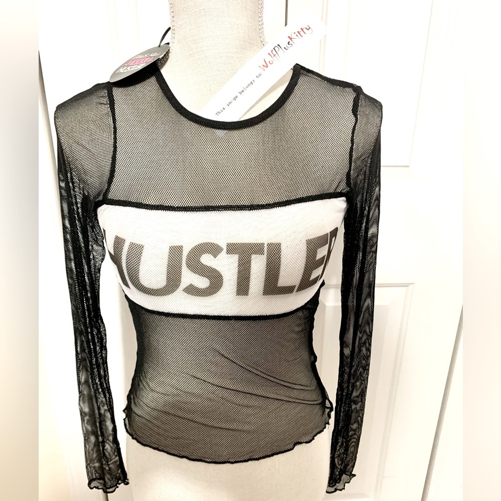 Hustler Dolls Kill NWT Small Fishnet Long Sleeve Top Slinky Graphic Shirt